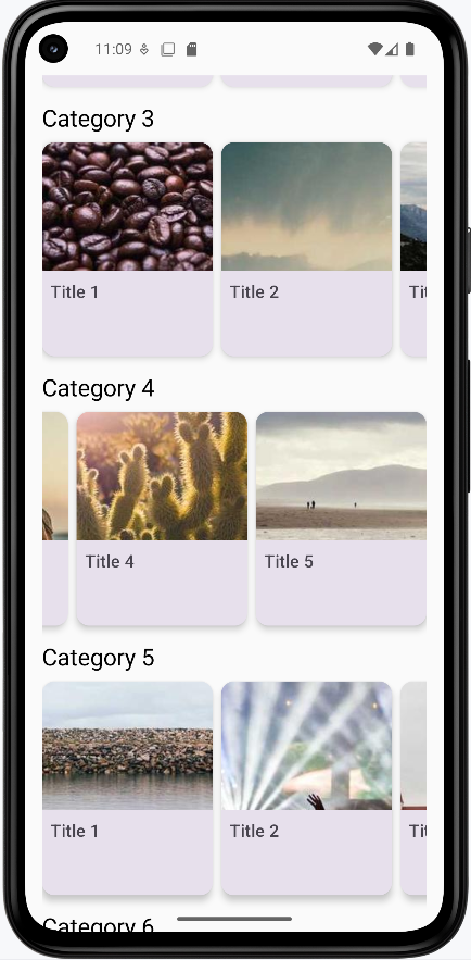 Combined LazyColumn and LazyRow: vertical list of categories, each with a horizontal row of image cards