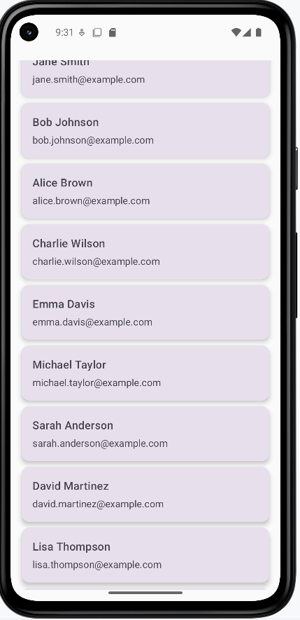 LazyColumn contact list: vertical list of name-and-email cards