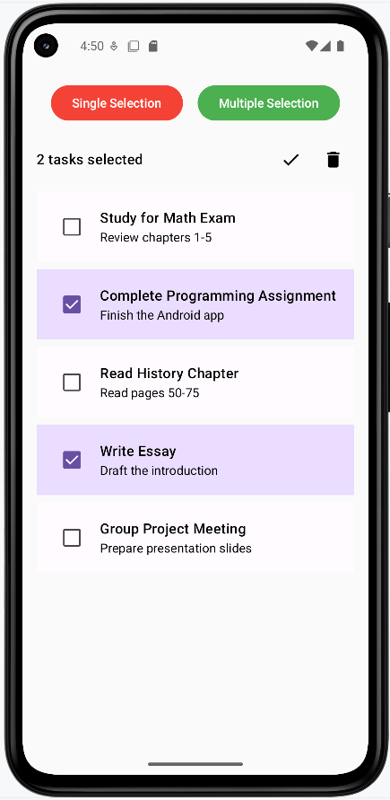 Task list in multiple-selection mode with several tasks selected and action bar