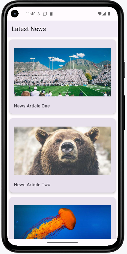 News feed list with sticky header and scrollable news cards