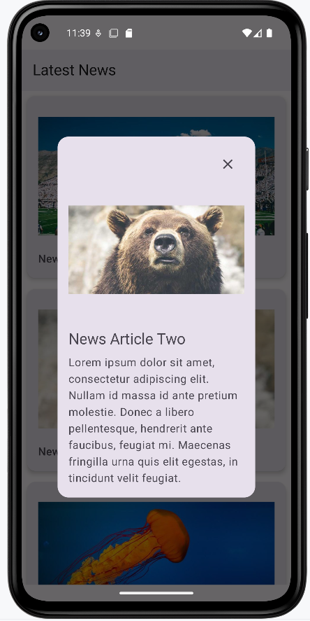News article dialog with image, title, description, and close button