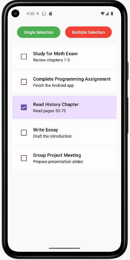 Task list in single-selection mode with one task selected